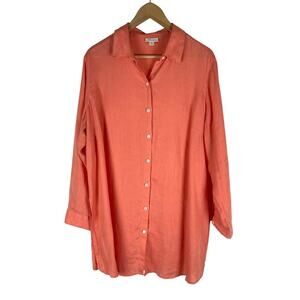 J. Jill Love Linen Coral Orange 100% Linen Button Front Tunic Shirt Women's 1X